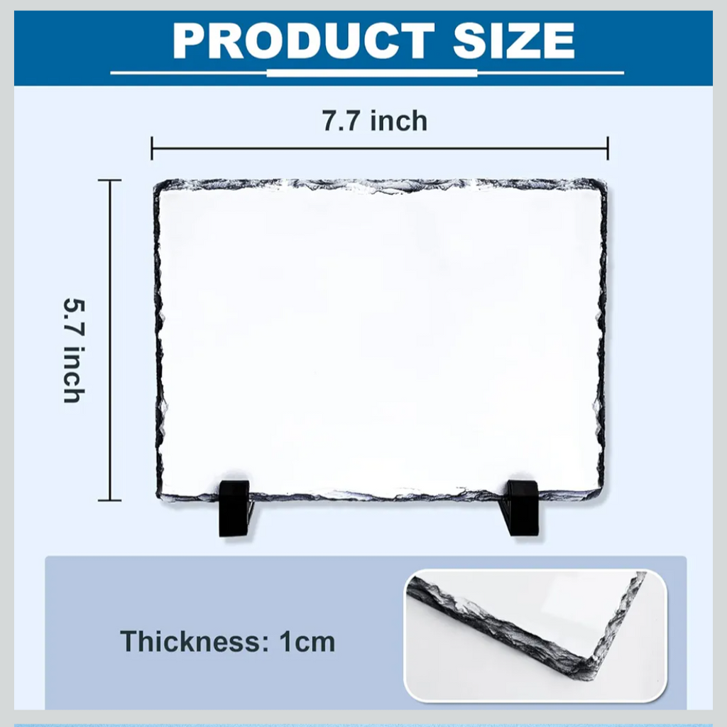Product size measurement chart with dimensions and thickness of a rectangular item.