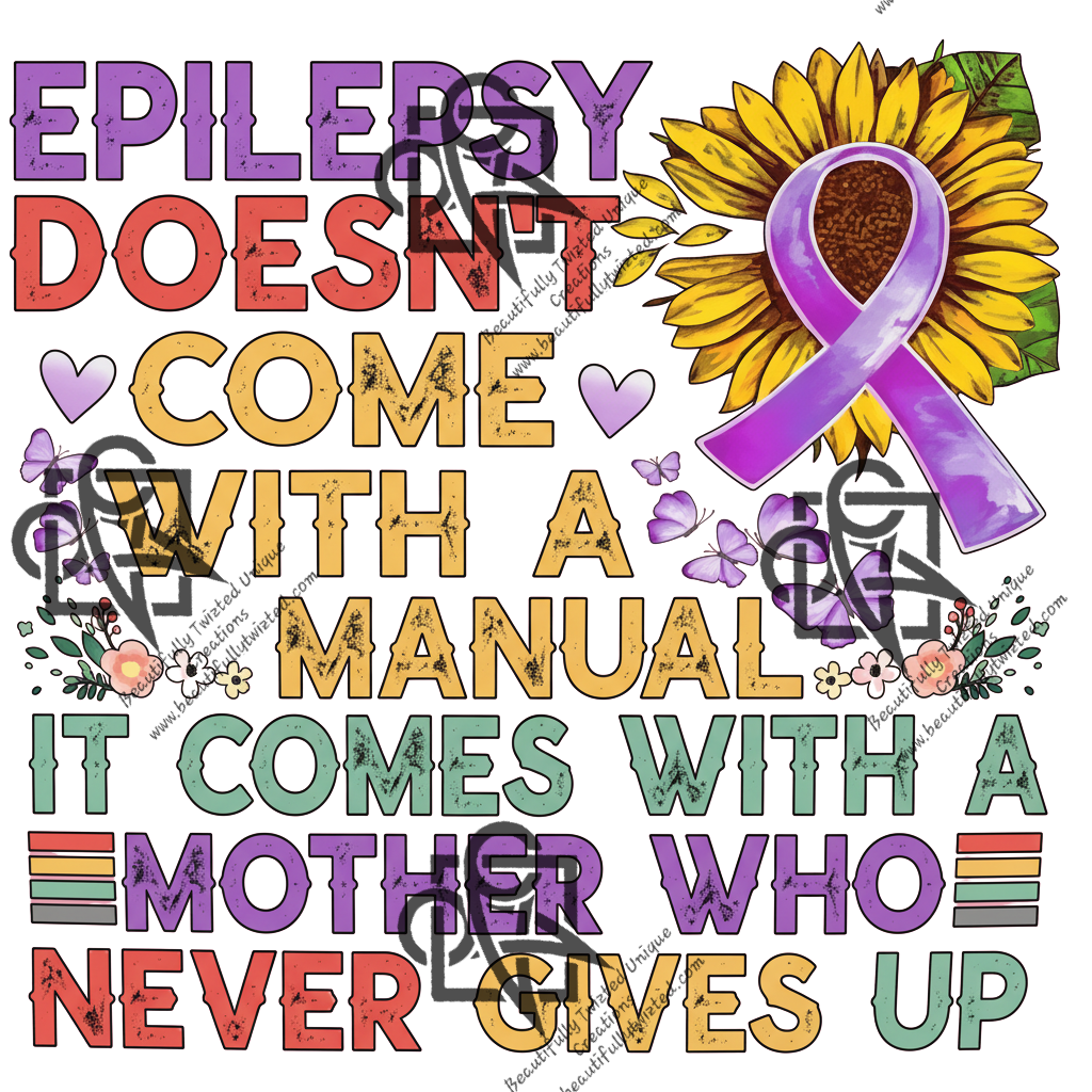 Colorful design with sunflower, purple ribbon, and text about epilepsy on a white background