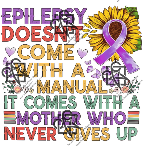 Colorful design with sunflower, purple ribbon, and text about epilepsy on a white background