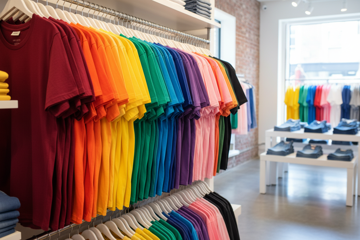 T-shirt rack full of colorfull t shirts